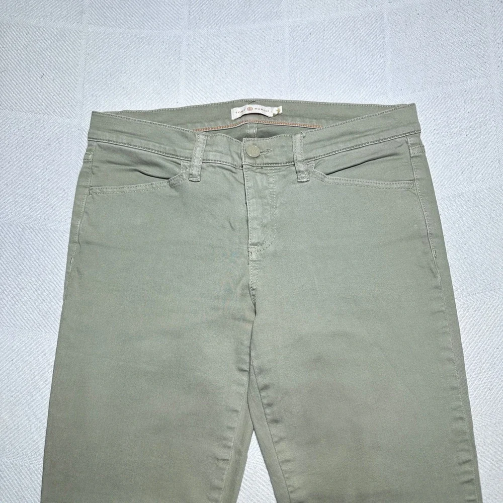 Tory Burch Emmy Ankle Pants Womens 29 Slim Straight Button Hem Olive Green